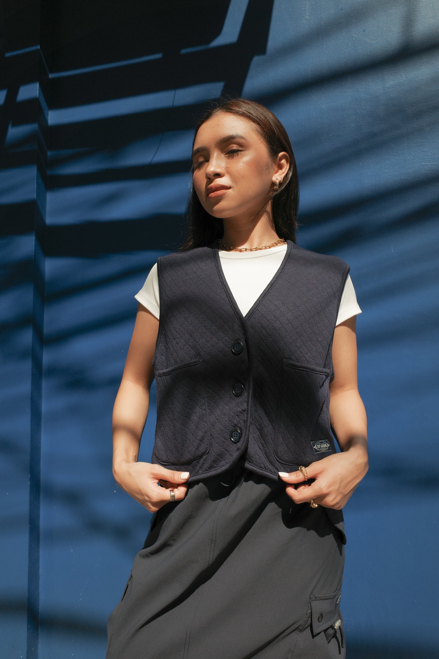 Cropped Quilted Vest (Navy Blue)
